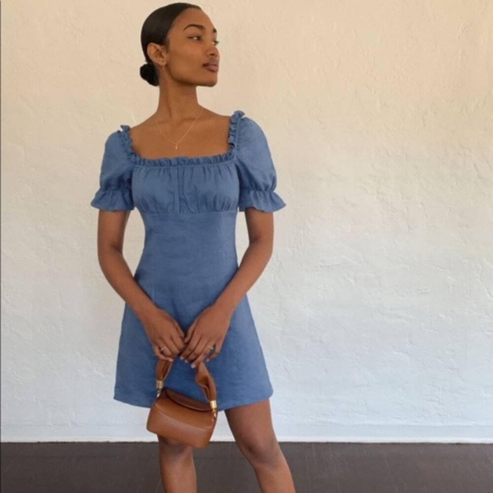 Reformation Blue Ruched Smocked Mini Dress